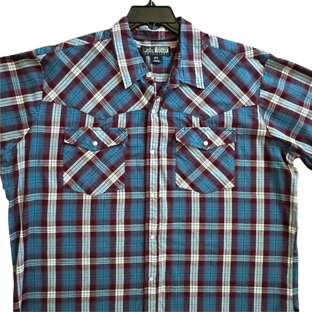 Canyon Guide Outfitters Western Shirt Mens 2X Pearl Snap Plaid Red White Blue